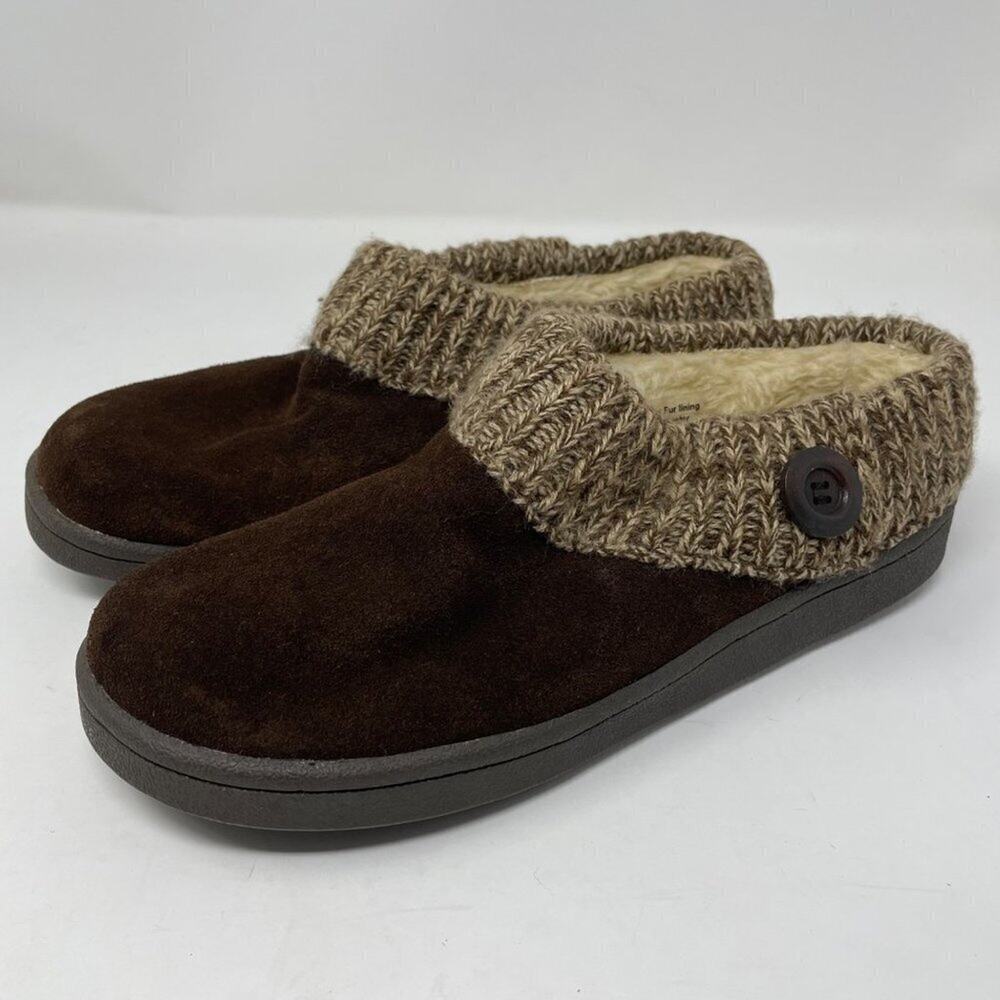 Magellan Brown Suede Slipper With Knitted Collar & Faux Fur Lining Women’s 9